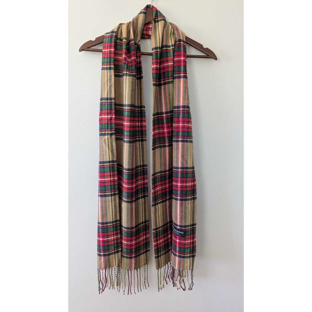 Plaid Cashmere Scarf Fringe Made In Scotland Holiday Christmas Red Green Tan